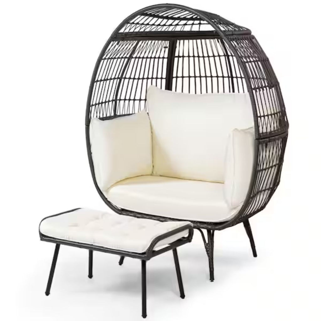 Oversized Wicker Egg Chair with Ottoman & Cushions - Indoor/Outdoor Patio Lounger (Off White)