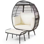Oversized Wicker Egg Chair with Ottoman & Cushions - Indoor/Outdoor Patio Lounger (Off White)
