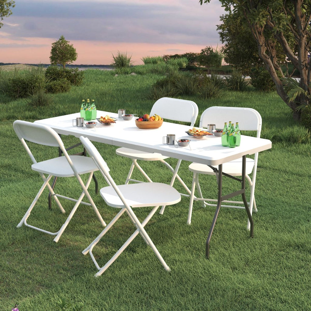 5-Piece Portable Folding Table & Chair Set - 6ft Heavy Duty Trestle Table with 4 Seats (White)