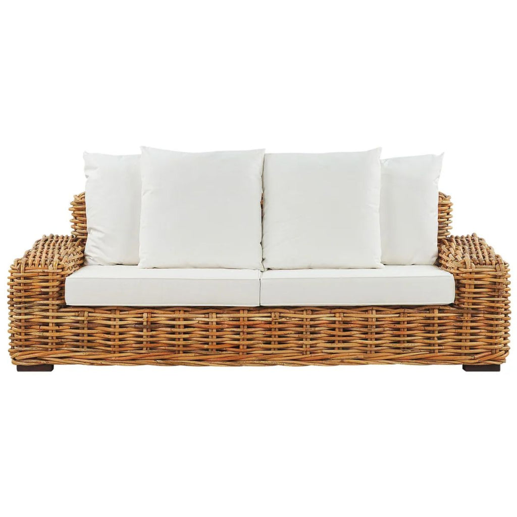 Hand-Crafted Natural Rattan 3-Seater Sofa with White Cushions - Forli Collection (Indoor/Covered Patio)