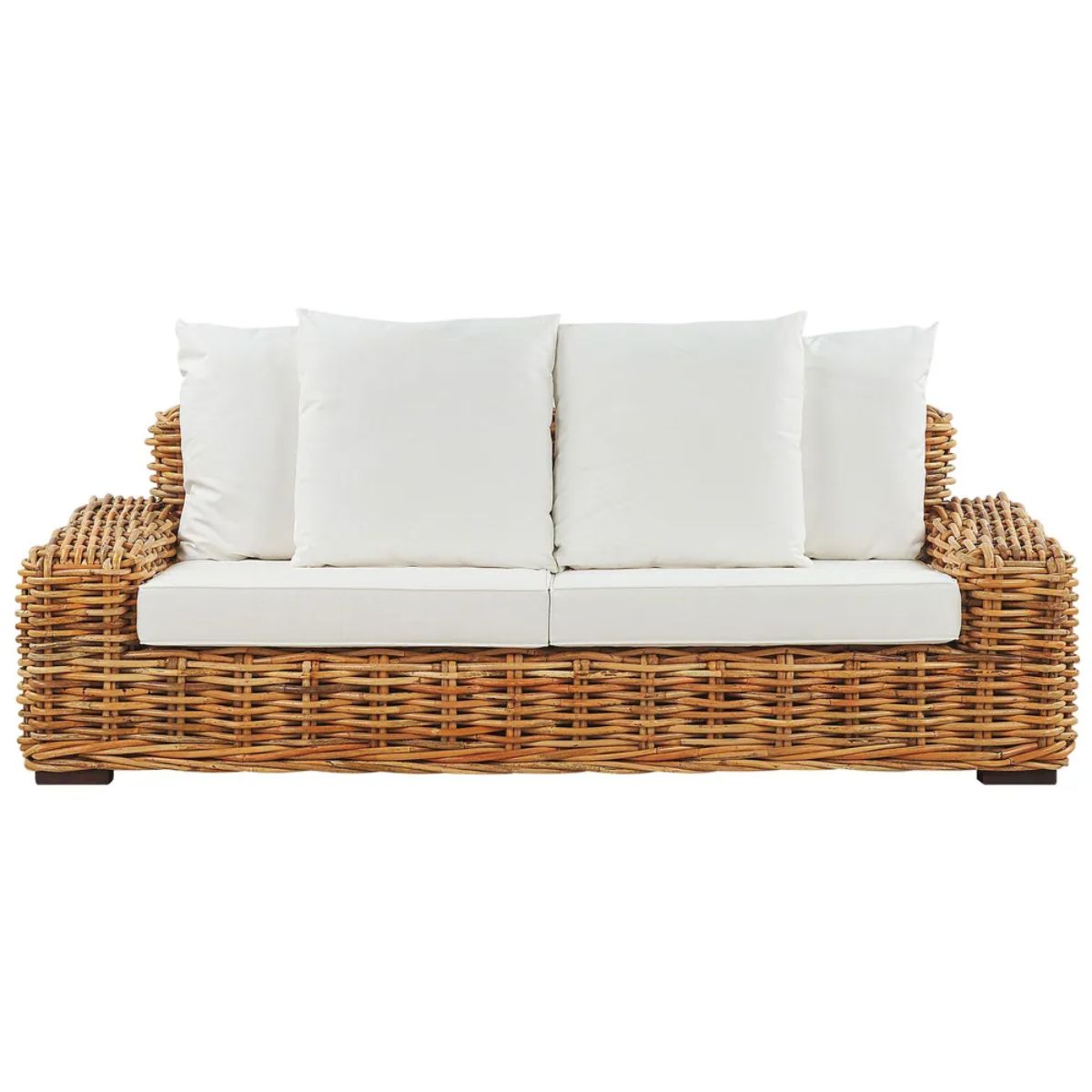 Hand-Crafted Natural Rattan 3-Seater Sofa with White Cushions - Forli Collection (Indoor/Covered Patio)
