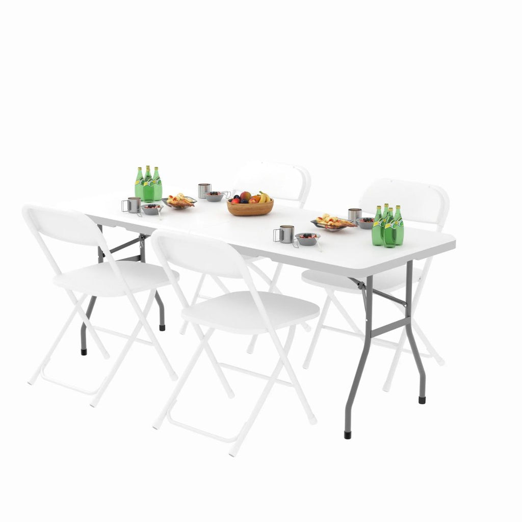 5-Piece Portable Folding Table & Chair Set - 6ft Heavy Duty Trestle Table with 4 Seats (White)