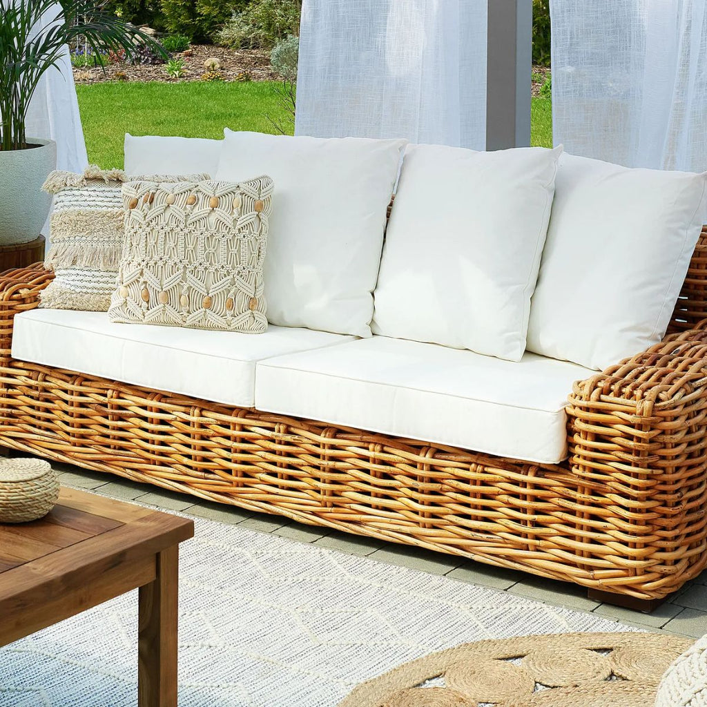 Hand-Crafted Natural Rattan 3-Seater Sofa with White Cushions - Forli Collection (Indoor/Covered Patio)