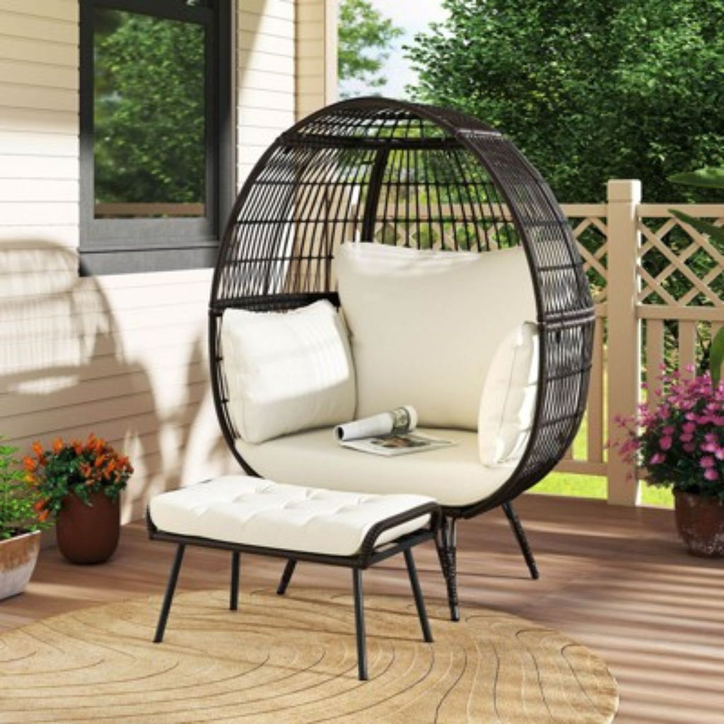 Oversized Wicker Egg Chair with Ottoman & Cushions - Indoor/Outdoor Patio Lounger (Off White)