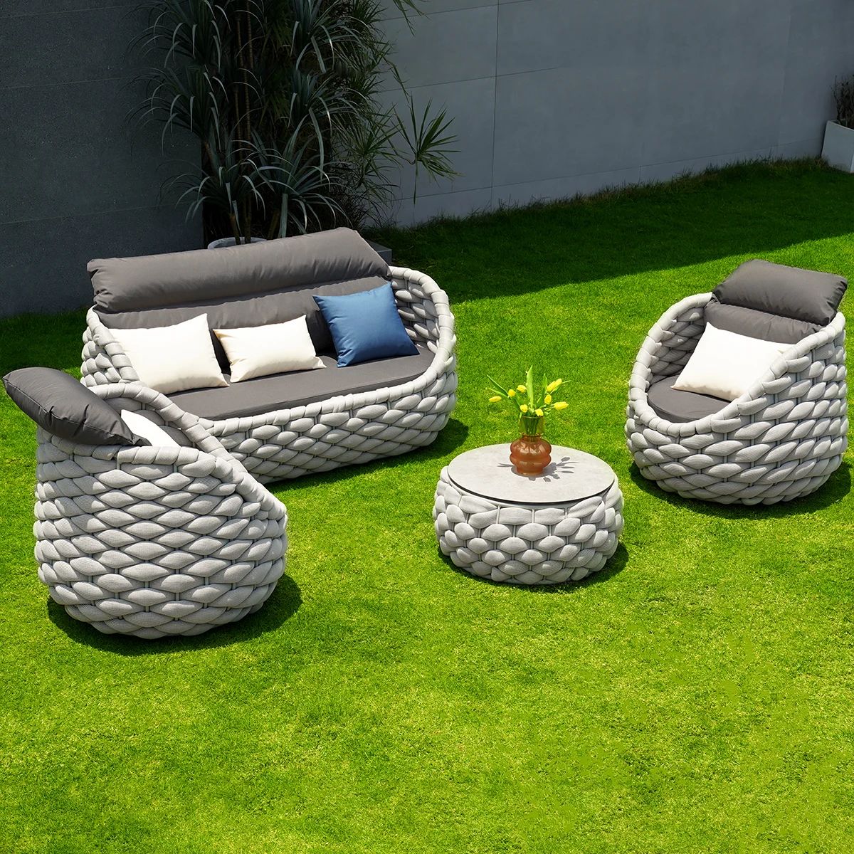 Tatta 4-Piece Woven Rope Outdoor Swivel Sofa Set with 360° Rotation and Coffee Table