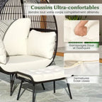 Oversized Wicker Egg Chair with Ottoman & Cushions - Indoor/Outdoor Patio Lounger (Off White)