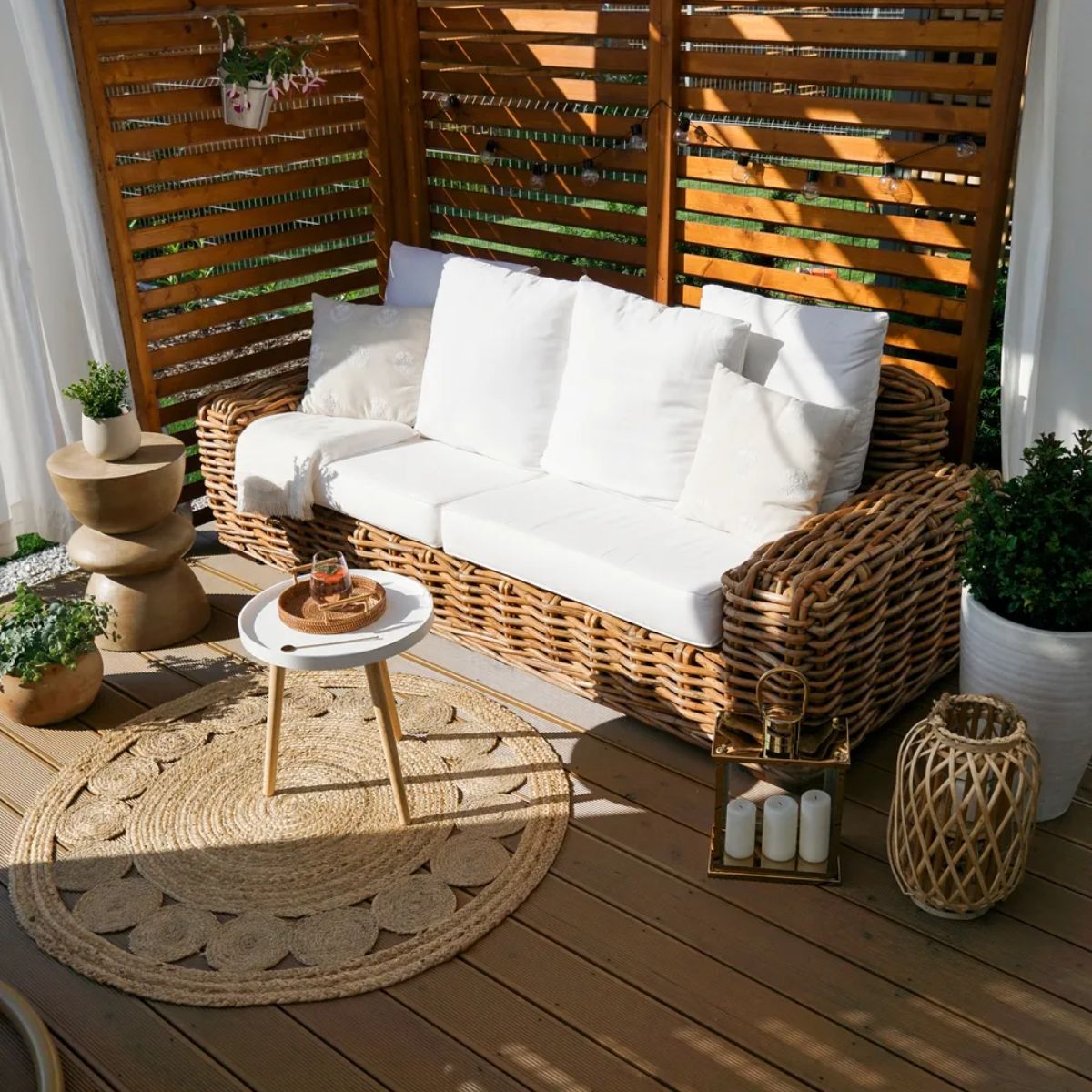 Hand-Crafted Natural Rattan 3-Seater Sofa with White Cushions - Forli Collection (Indoor/Covered Patio)