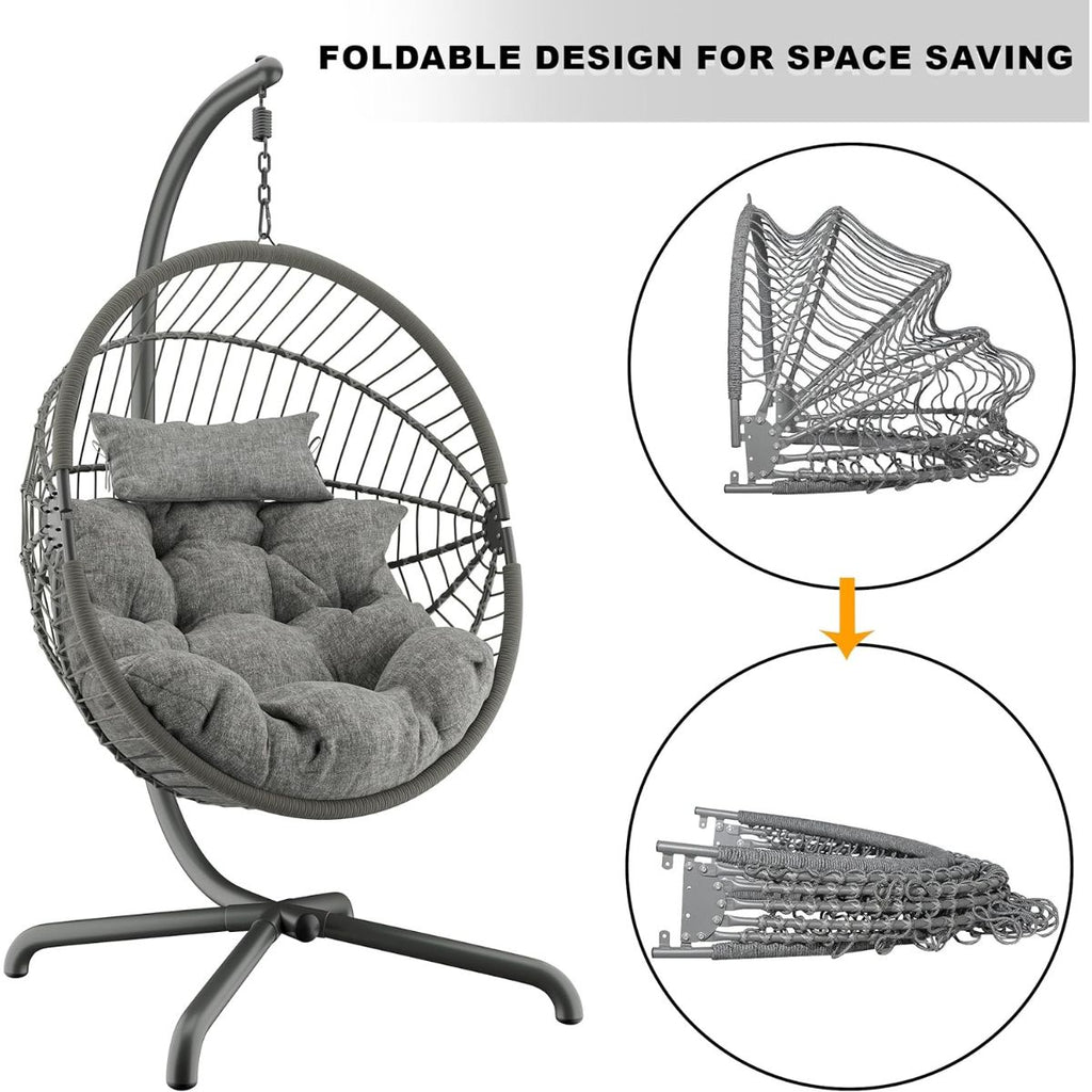 Foldable Hanging Egg Chair with Stand & Cushions - Indoor/Outdoor Patio Swing (160kg Capacity)