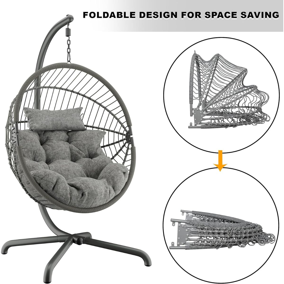 Foldable Hanging Egg Chair with Stand & Cushions - Indoor/Outdoor Patio Swing (160kg Capacity)